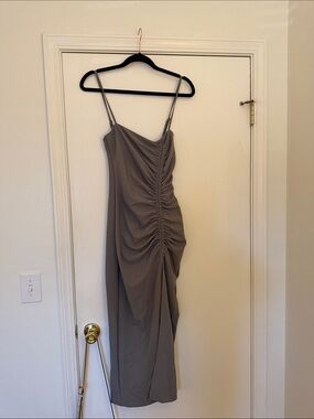 Zara Ruched Taupe-Spiral Midi Dress